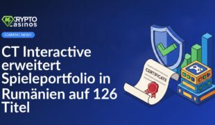 Offizielle Urkunde mit rotem Stempel, Schild mit grünem Häkchen, Spieleboxen neben aufsteigendem Balkendiagramm.