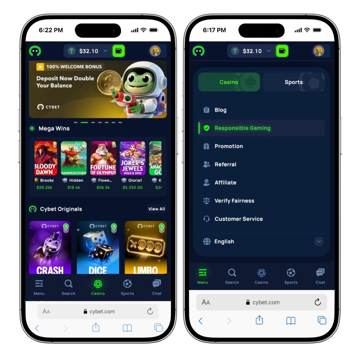 cybet mobile casino lobby and menu shown on iphone screens