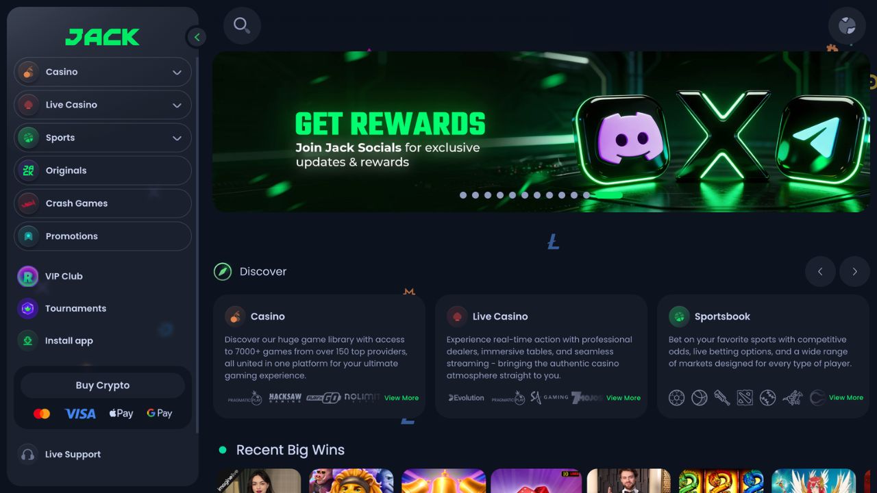 Das Bild zeigt die Startseite von Jack.com mit dem Bonusbanner und der Casinolobby