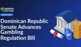 Government building with columns, sealed document overlay, shield with checkmark, and stacked coins on a dark background