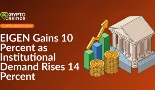 Rising bar chart with upward arrow, stacked gold coins, and classical bank building behind a translucent barrier.