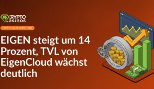 Aufwärtspfeil-Balkendiagramm, großer Tresor mit Münzen gefüllt, Handelsscreen mit steigenden Kurvenlinien