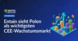 Entain-Logo vor polnischer Flagge, Karte von Polen im Hintergrund, Balkendiagramm mit Wachstumskurven rechts daneben