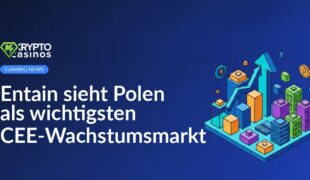 Entain-Logo vor polnischer Flagge, Karte von Polen im Hintergrund, Balkendiagramm mit Wachstumskurven rechts daneben