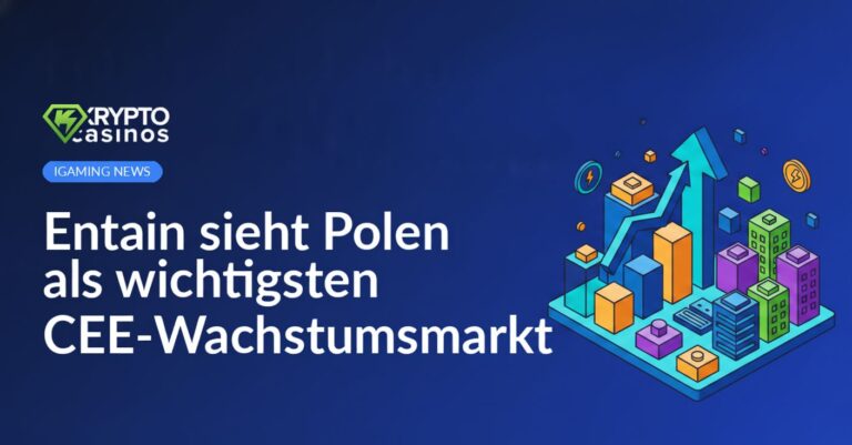 Entain-Logo vor polnischer Flagge, Karte von Polen im Hintergrund, Balkendiagramm mit Wachstumskurven rechts daneben