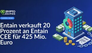 Bürogebäude mit Kreisdiagramm-Segment, Euro-Banknoten, Münzen und zerbrochener Kette über Schuldenpapier.