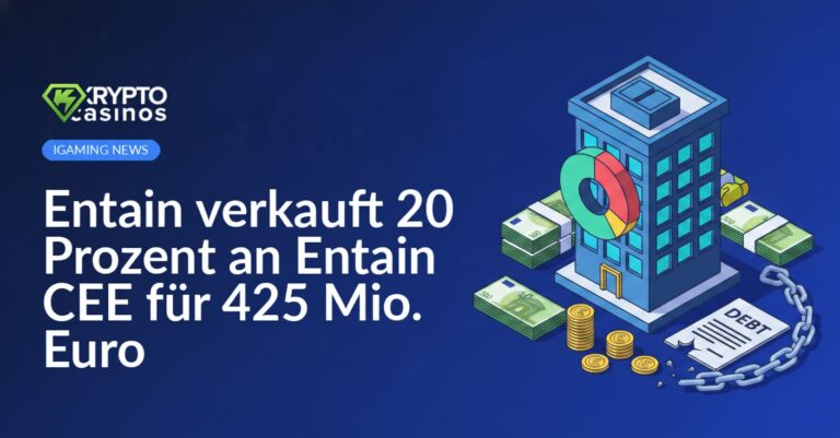 Bürogebäude mit Kreisdiagramm-Segment, Euro-Banknoten, Münzen und zerbrochener Kette über Schuldenpapier.