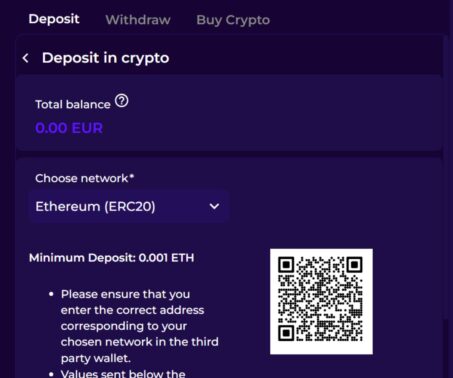 screenshot showing the Ethereum casino Cashier with deposit, withdrawal, and buy crypto options