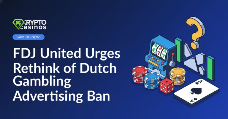 FDJ United logo beside the Dutch flag with a red "ban" symbol over a gambling advertisement background.