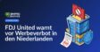 Modernes Bürogebäude mit rotem Verbotsschild, Dokument mit Stempel „Verbot“ und geschütztem Ladenlokal davor.