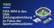 Fußballstadion mit WM-Pokal, offizielles Dokument mit Häkchen-Siegel und Zahlungsterminal mit Schildsymbol.