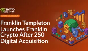 Franklin Templeton logo beside a digital coin with blockchain symbols on a blue gradient background
