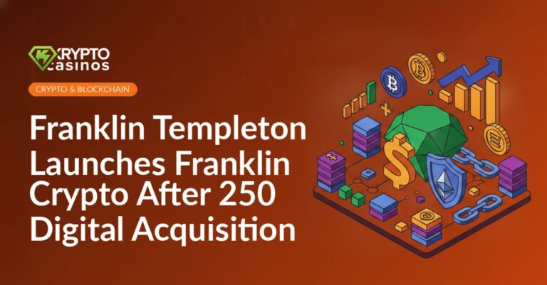 Franklin Templeton logo beside a digital coin with blockchain symbols on a blue gradient background
