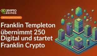 Franklin Templeton Logo neben digitalen Symbolen und einer stilisierten Kryptowährung-Münze auf blauem Hintergrund