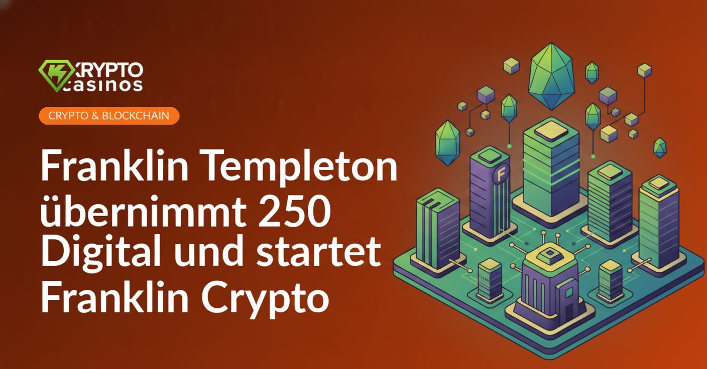 Franklin Templeton Logo neben digitalen Symbolen und einer stilisierten Kryptowährung-Münze auf blauem Hintergrund