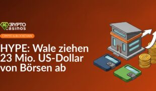 Zwei digitale Wallets neben Börsengebäude mit Pfeil nach außen und Münzstapel mit Pfeil nach oben