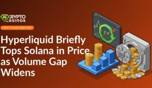 Two coin stacks on a rising bar chart, circular arrow around a trading screen, open vault with piled coins nearby.