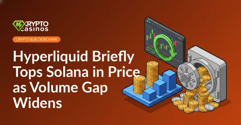 Two coin stacks on a rising bar chart, circular arrow around a trading screen, open vault with piled coins nearby.