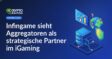 Serverzentrum mit vernetzten Knoten, Bildschirm mit Wachstumskurve, Globus mit Stecknadeln und Schutzschild.