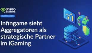 Serverzentrum mit vernetzten Knoten, Bildschirm mit Wachstumskurve, Globus mit Stecknadeln und Schutzschild.