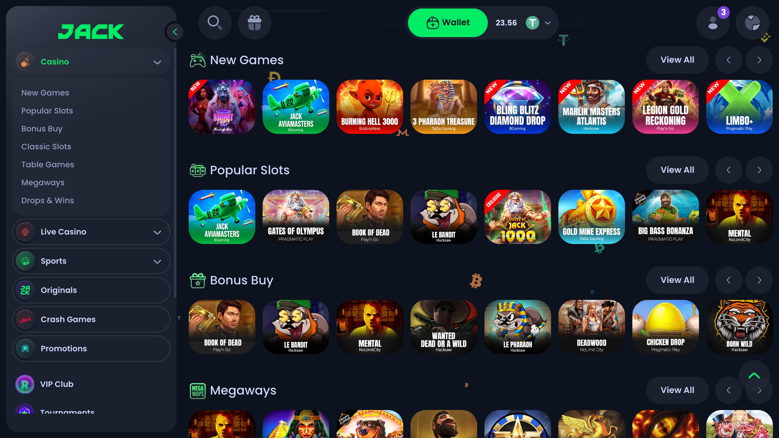 screenshot of jack.com casino showing the game lobby and side navigation