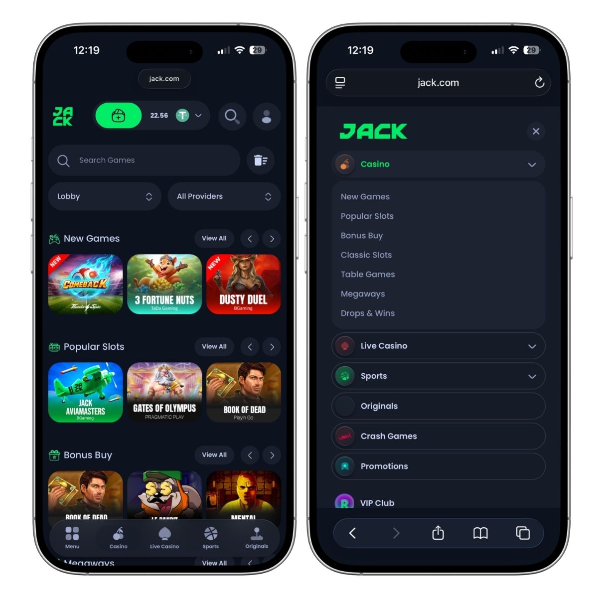 jack.com game lobby and main menu on two mobile screens