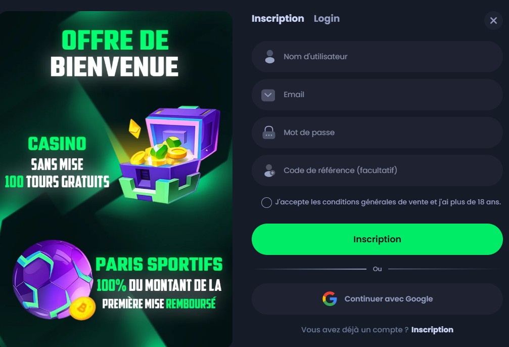 Formulaire d'inscription sur le casino Jack.com