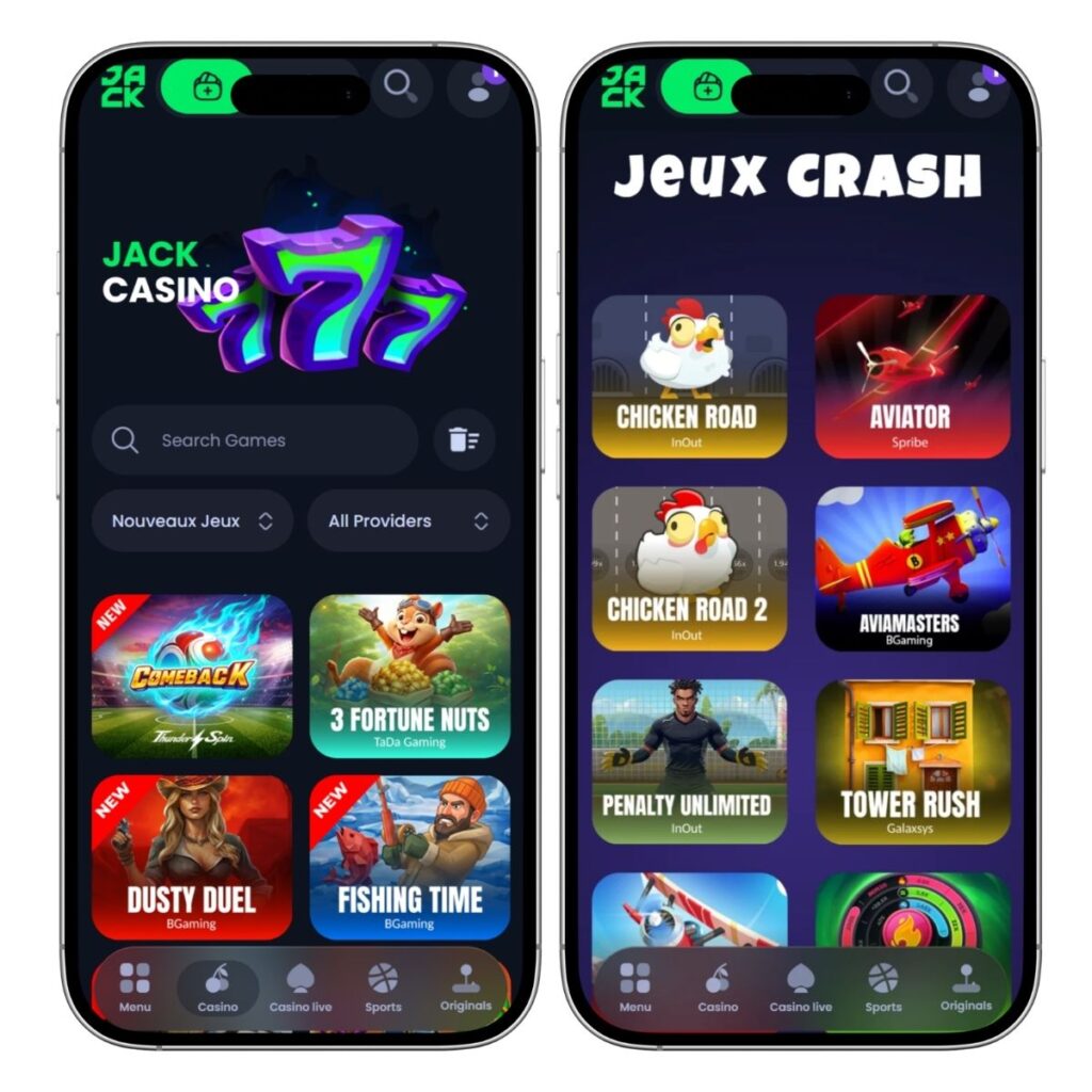Capture d'écran mobile du casino Jack.com