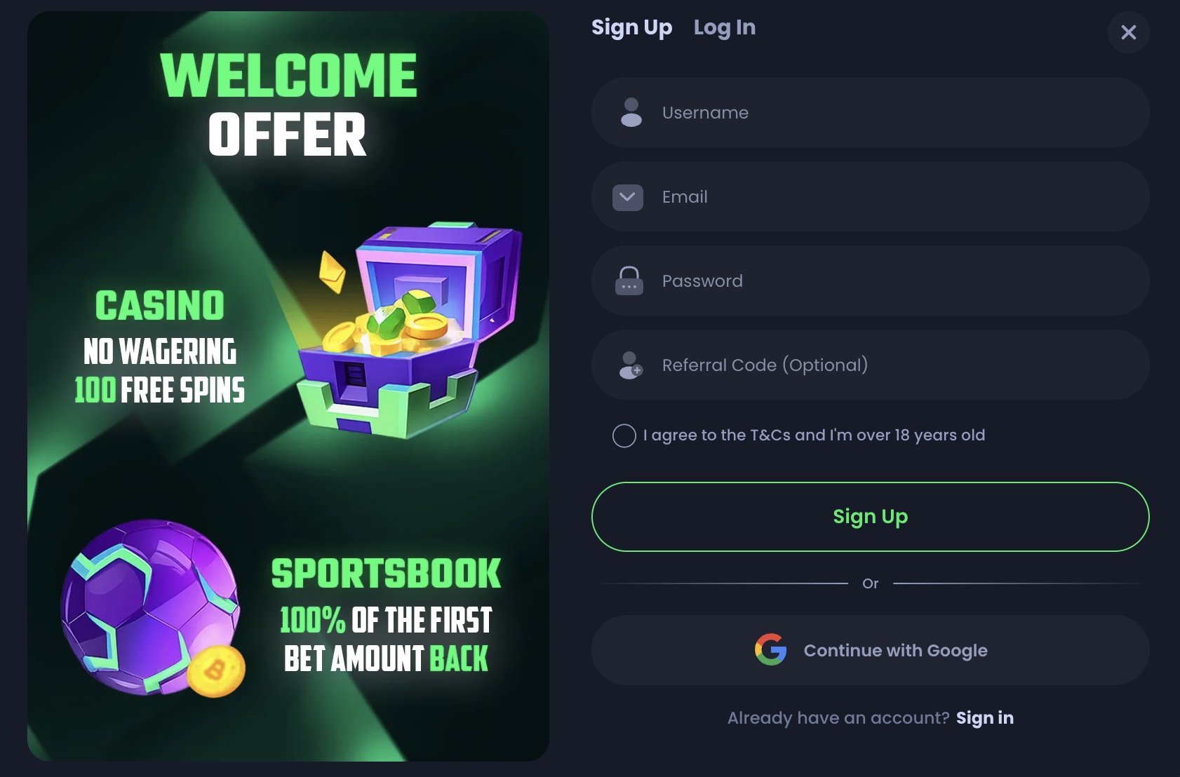 jack.com casino registration window with welcome offer, sign up form, casino bonus, free spins, and sportsbook promo