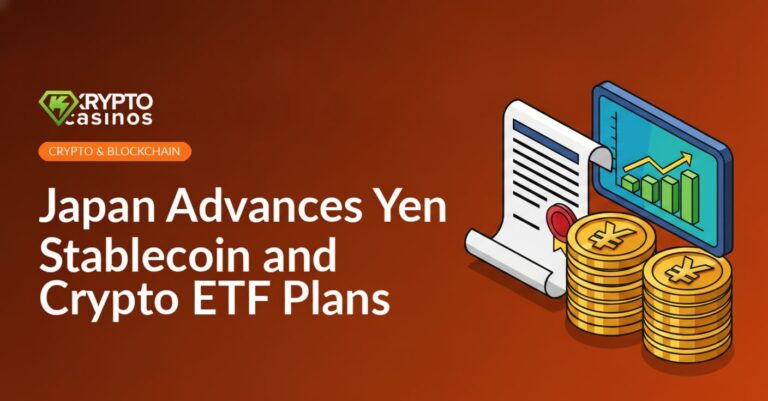 Stack of yen coins beside a policy document with red seal and an isometric bar chart on a digital screen.