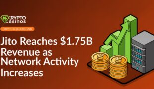 Stack of gold coins beside an upward bar chart with a bold arrow and a server tower rack on a blue background