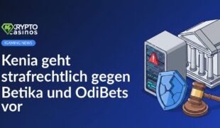 Server-Rack mit rotem Warnsymbol, zerbrochenes Sicherheitsschild und Gerichtsgebäude mit Richterhammer im Hintergrund.