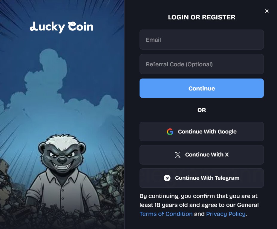 Screenshot des Anmeldeformulars von Lucky Coin