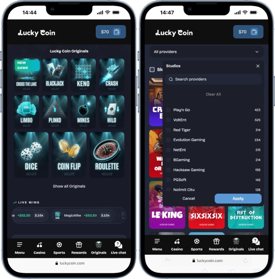 Versión móvil de Lucky Coin Casino