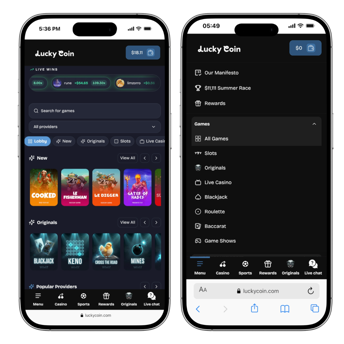 lucky coin casino mobile lobby and main menu showing games, rewards, originals, and live chat navigation
