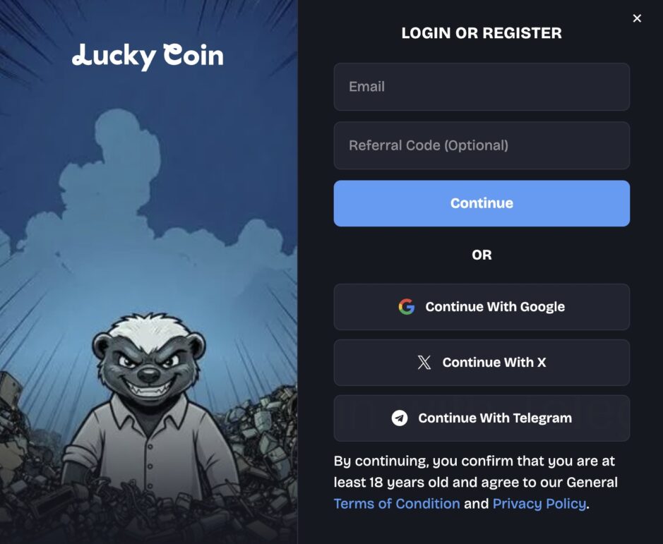 lucky coin casino registration window with email sign up and google, x, and telegram login options