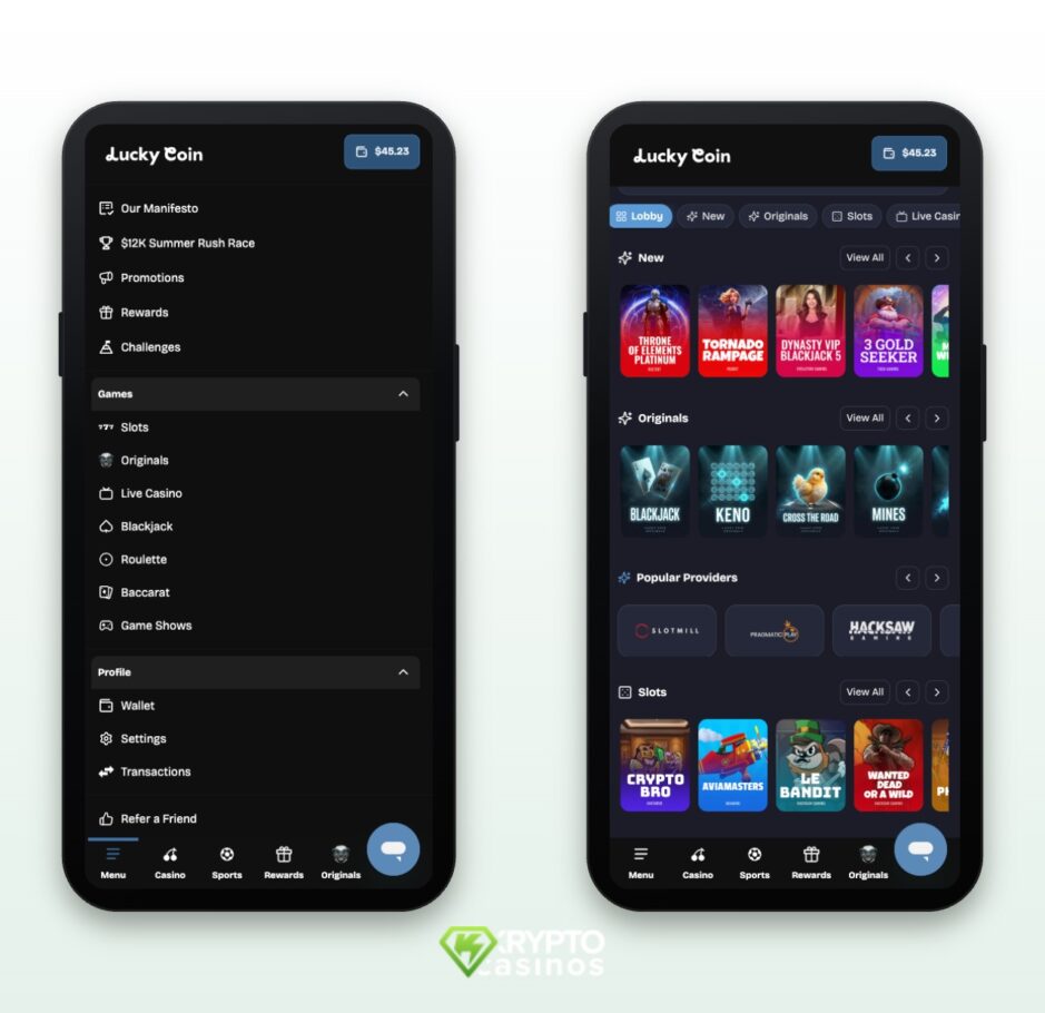 Das Bild zeigt die mobile Version von Lucky Coin Schweiz. Rechts sieht man die Spiellobby und links das Hauptmenü