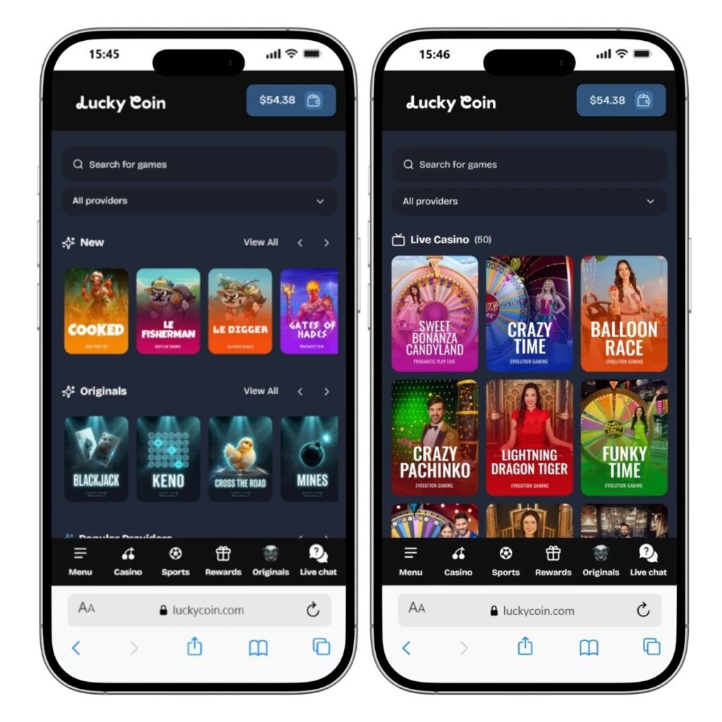 Capture d'écran de la version mobile du casino Lucky Coin