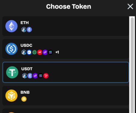 lucky coin cashier showing available crypto tokens including eth, usdc, usdt, and bnb