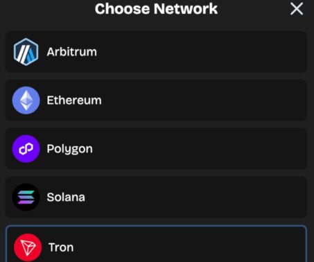 lucky coin network selection screen showing arbitrum, ethereum, polygon, solana, and tron