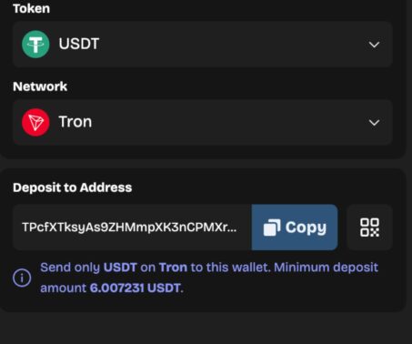 lucky coin usdt deposit screen with tron selected and deposit address shown