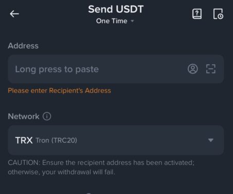 external crypto wallet screen for sending usdt on the tron network