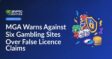 MGA official holding a document with six flagged gambling site logos displayed on a computer screen background.