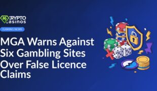 MGA official holding a document with six flagged gambling site logos displayed on a computer screen background.