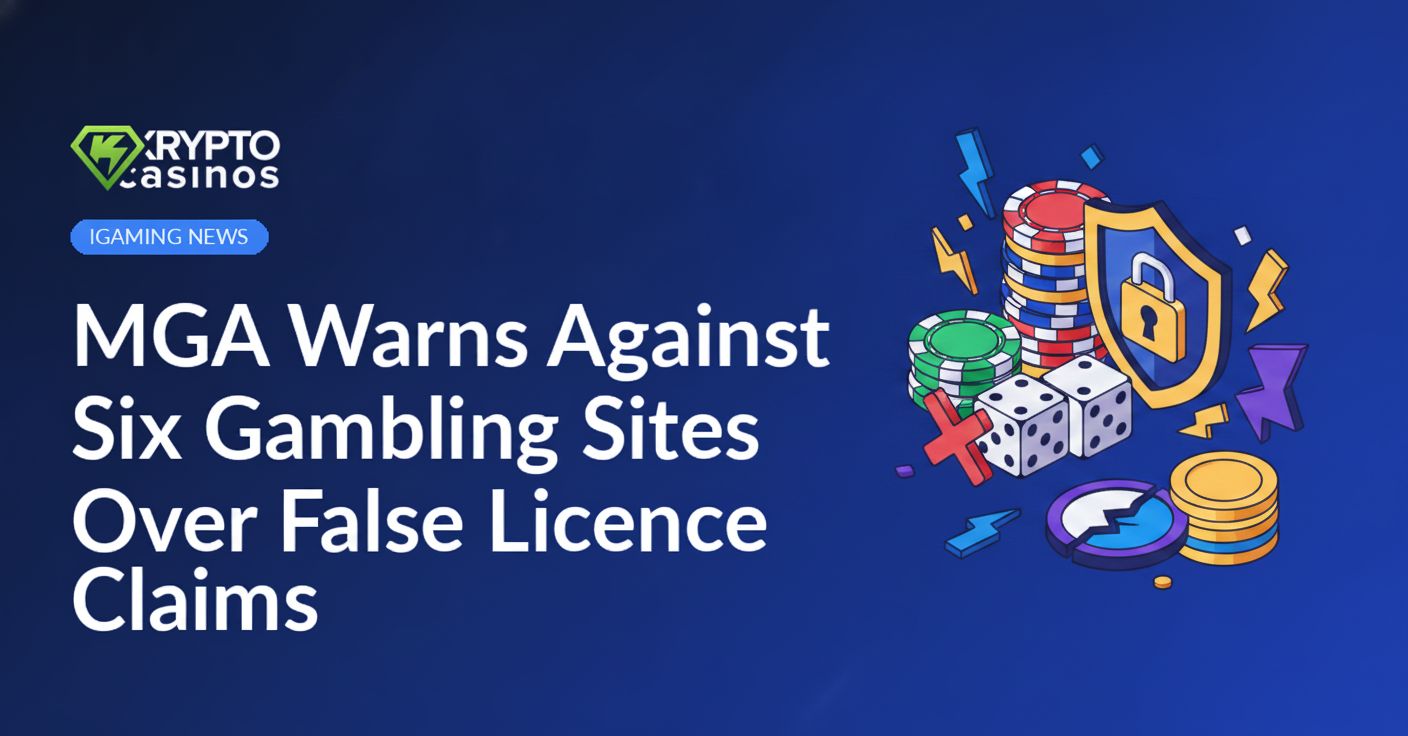 MGA official holding a document with six flagged gambling site logos displayed on a computer screen background.