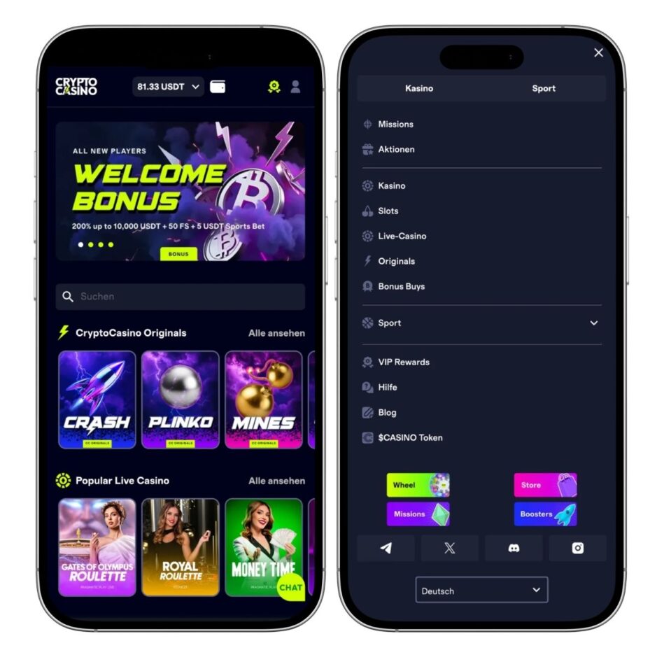 Das bild zeigt die mobile Ansicht von CryptoCasino.com. Rechts sieht man das Hauptmenü und links die Startseite mit der Spiellobby