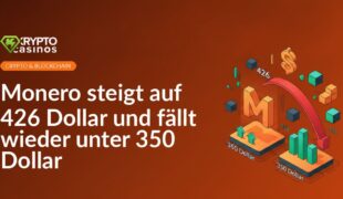 Monero-Logo vor steigender und fallender Kursgrafik in Blau und Orange auf schwarzem Hintergrund