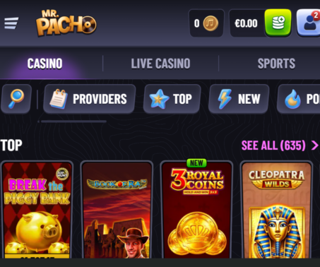 How-to screenshot showing the Mr. Pacho casino lobby and wallet icon in the top right corner