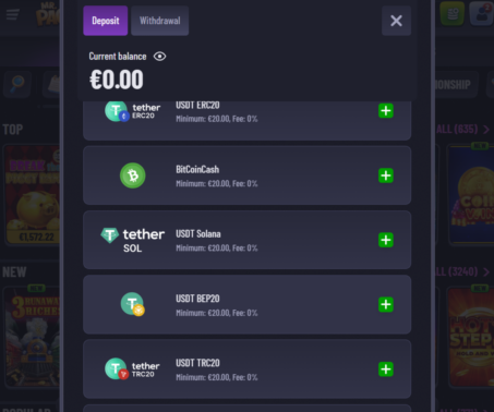 How-to screenshot showing the deposit tab and available cryptocurrency options at Mr. Pacho