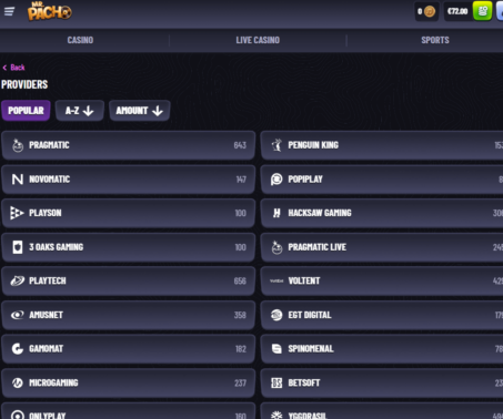 How-to screenshot showing a confirmed balance of €72 in the Mr. Pacho account after a successful deposit